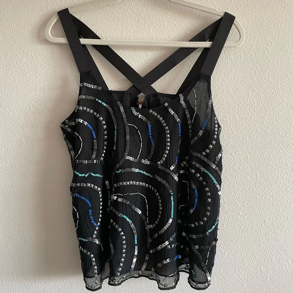 NWT Free People Tank Top Sequins Criss-Cross Women’s Medium Black Bedazzled
